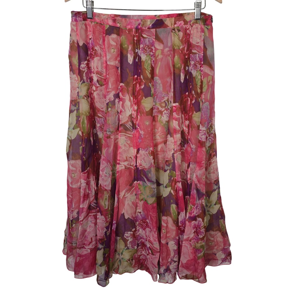 Jones New York Collection Woman Pink Floral 100% Silk Maxi Skirt Womens Size 14W